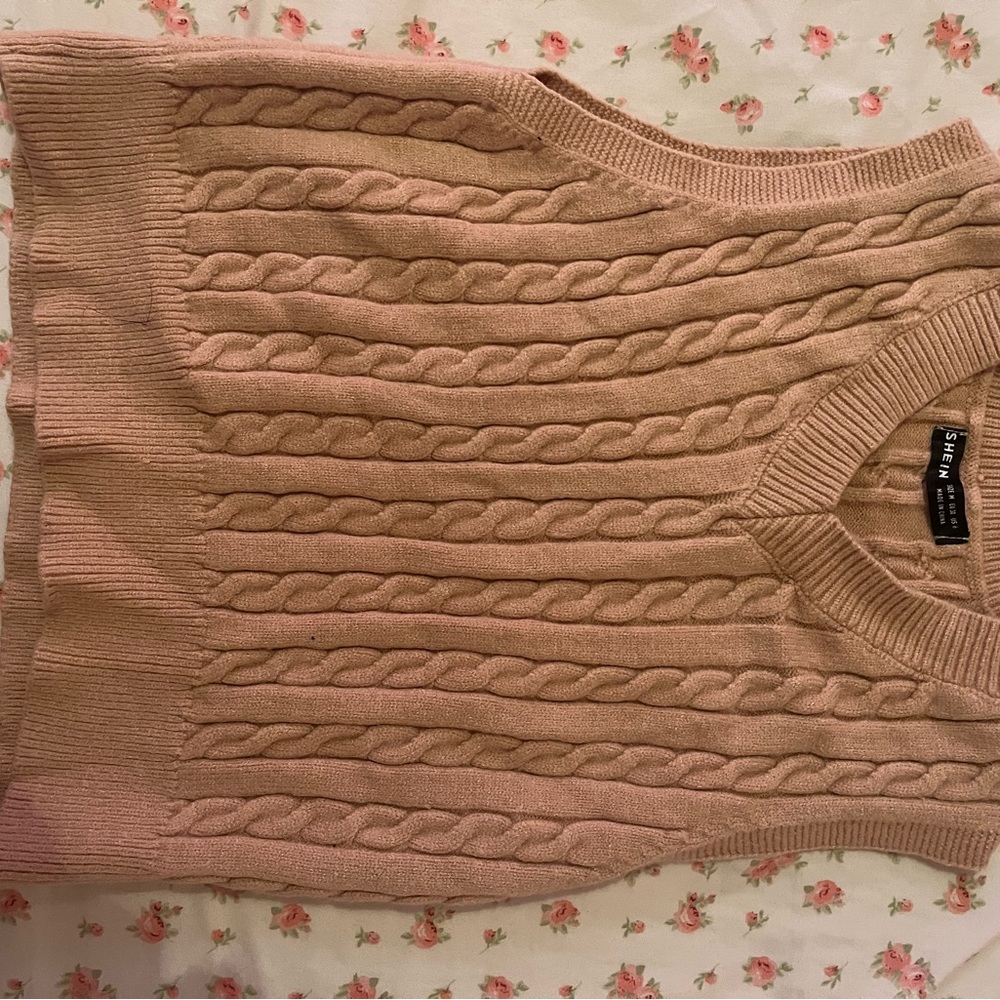 SHEIN Tan V-Neck Cable Knit Sweater